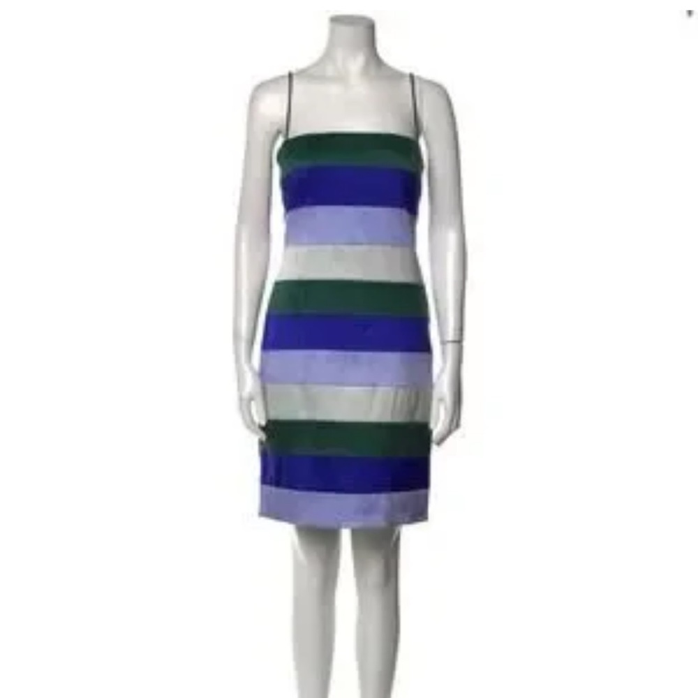 Giorgio Armani White and Blue Strapless Sheath Dress